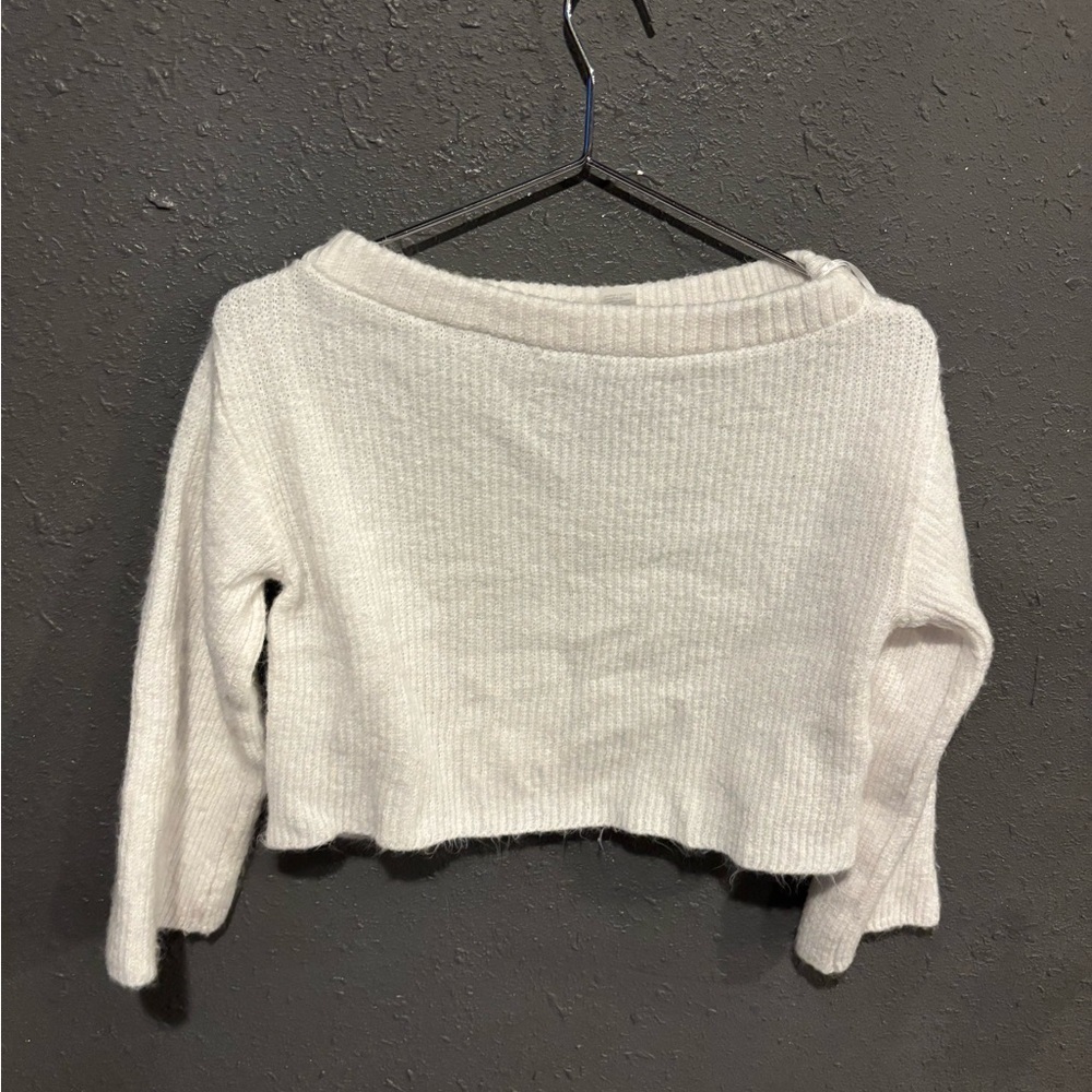 Women’s Divided Cropped White Off-the-Shoulder Sweater